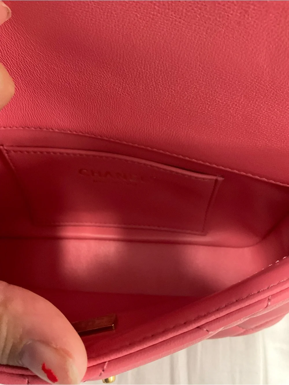 22P Pink Enamel Lambskin Quilted Pending CC Small Square Flap Aged Gold Hardware